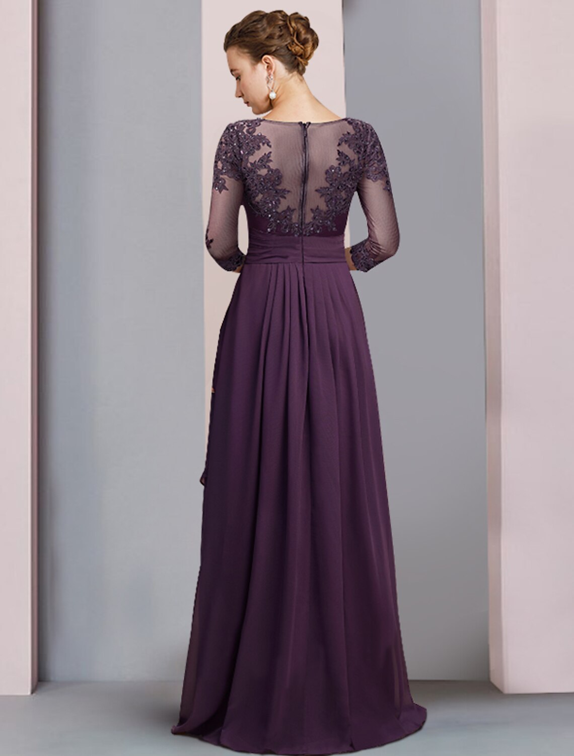 Wholesale  Sheath / Column Mother of the Bride Dress Formal Party Elegant Scoop Neck Asymmetrical Chiffon Lace 3/4 Length Sleeve with Pleats Sequin